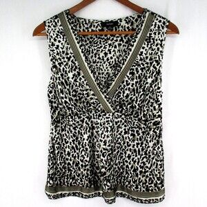 Women 12 Alfani 100% Silk Black White Animal Print Sleeveless V Neck Blouse